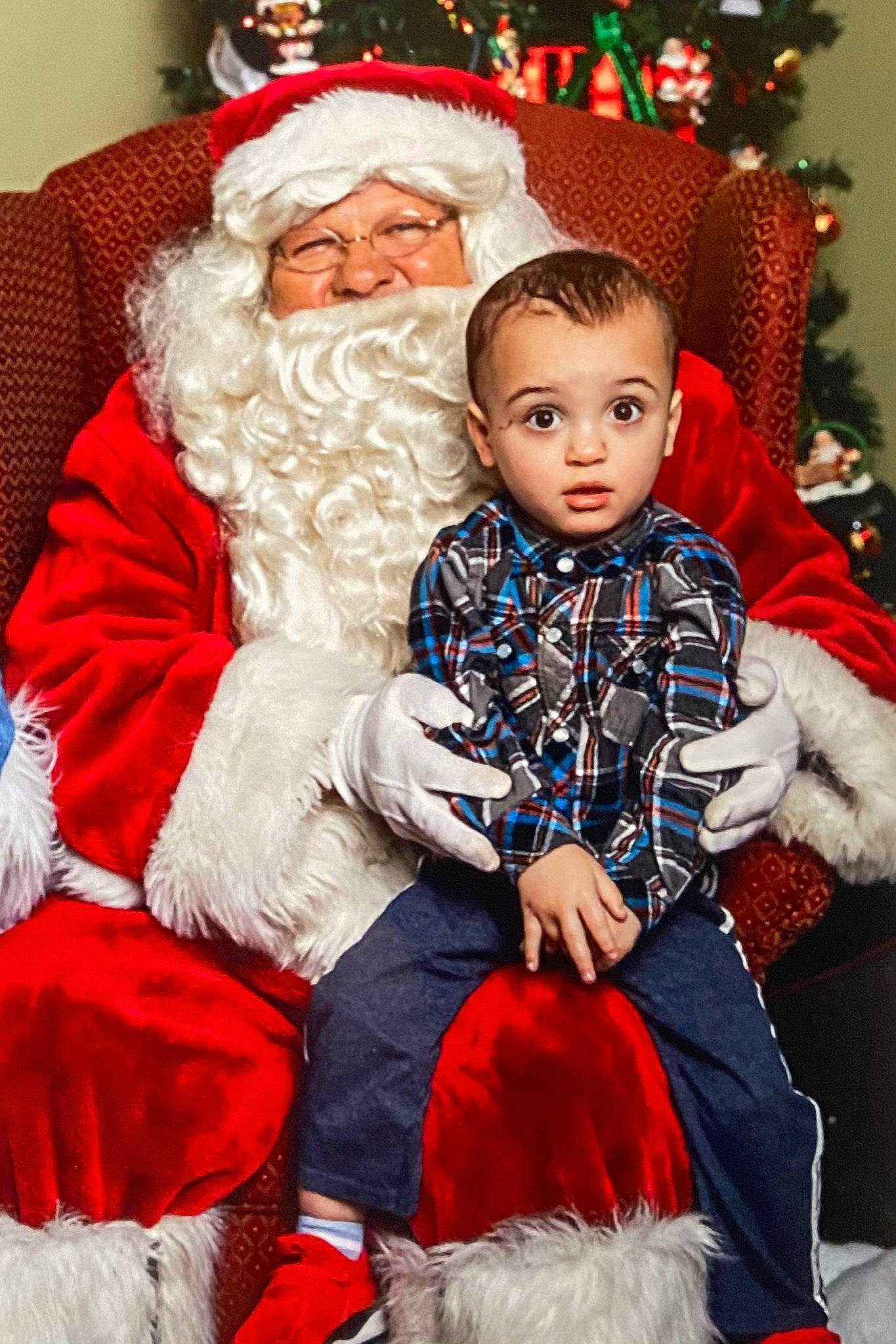 Phoenix is registered to the contest to win money with this photo: beard, christmas, christmas_eve, event, facial_hair, fictional_character, fun, fur, green, happy, headwear, holiday, human_body, lap, organ, person, red, santa_claus, sitting, surprise