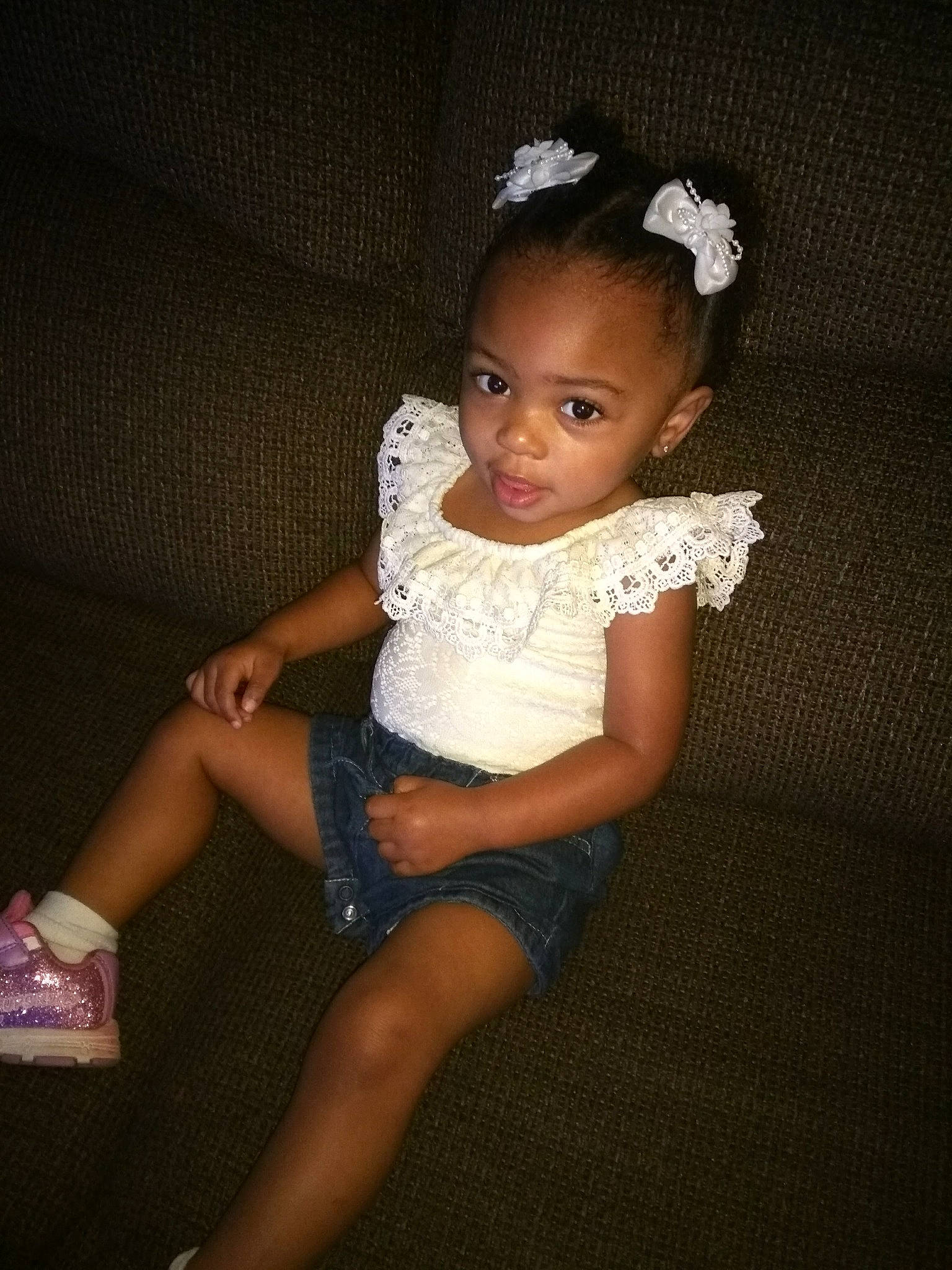 Jaléyah joined the competition — help win amazing prizes! baby, cheek, child, child_model, ear, fun, hair_accessory, headpiece, iris, leg, person, pink, sitting, skin, smile, toddler