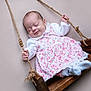 baby, infant, sleeping, swing, wooden, rope, dress, floral, pink, white, cute, peaceful, child, toddler, portrait, indoor, smile, hand, feet, cozy