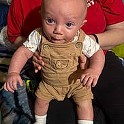 Leo joined the competition — help win amazing prizes! baby, child, infant, portrait, sitting, being_held, wide_eyes, blue_eyes, smiling, overalls, bear_pocket, white_shirt, socks, hands, indoor, adult, red_shirt, blanket, close_up, family