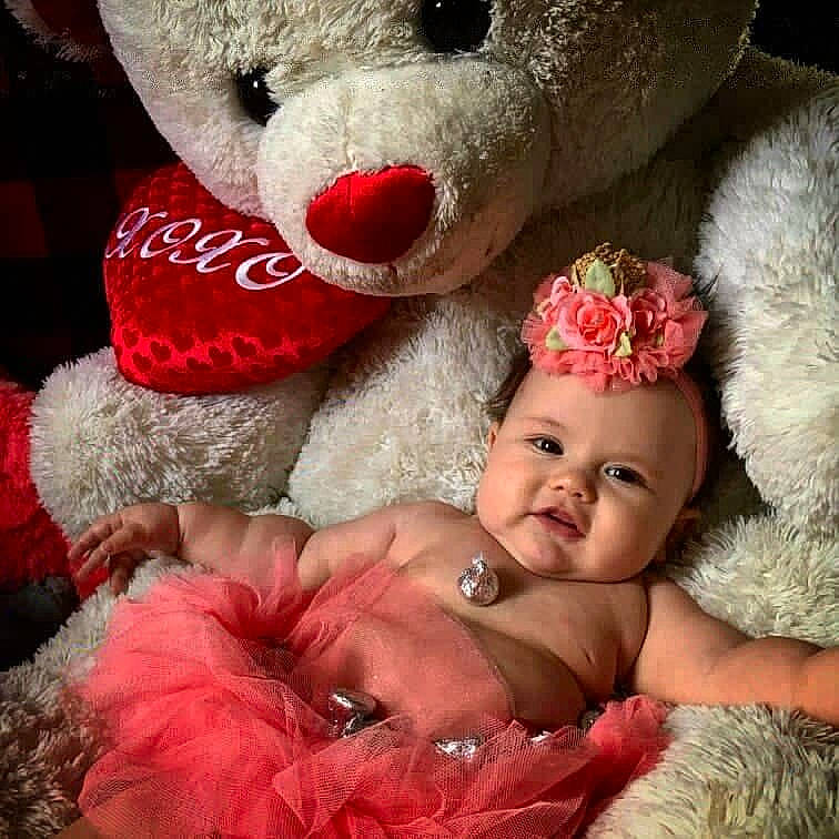 Persephone joined the competition — help win amazing prizes! baby, child, fur, happy, headgear, hug, interaction, love, peach, person, pink, red, smile, stuffed_toy, teddy_bear, toddler, toy, valentines_day