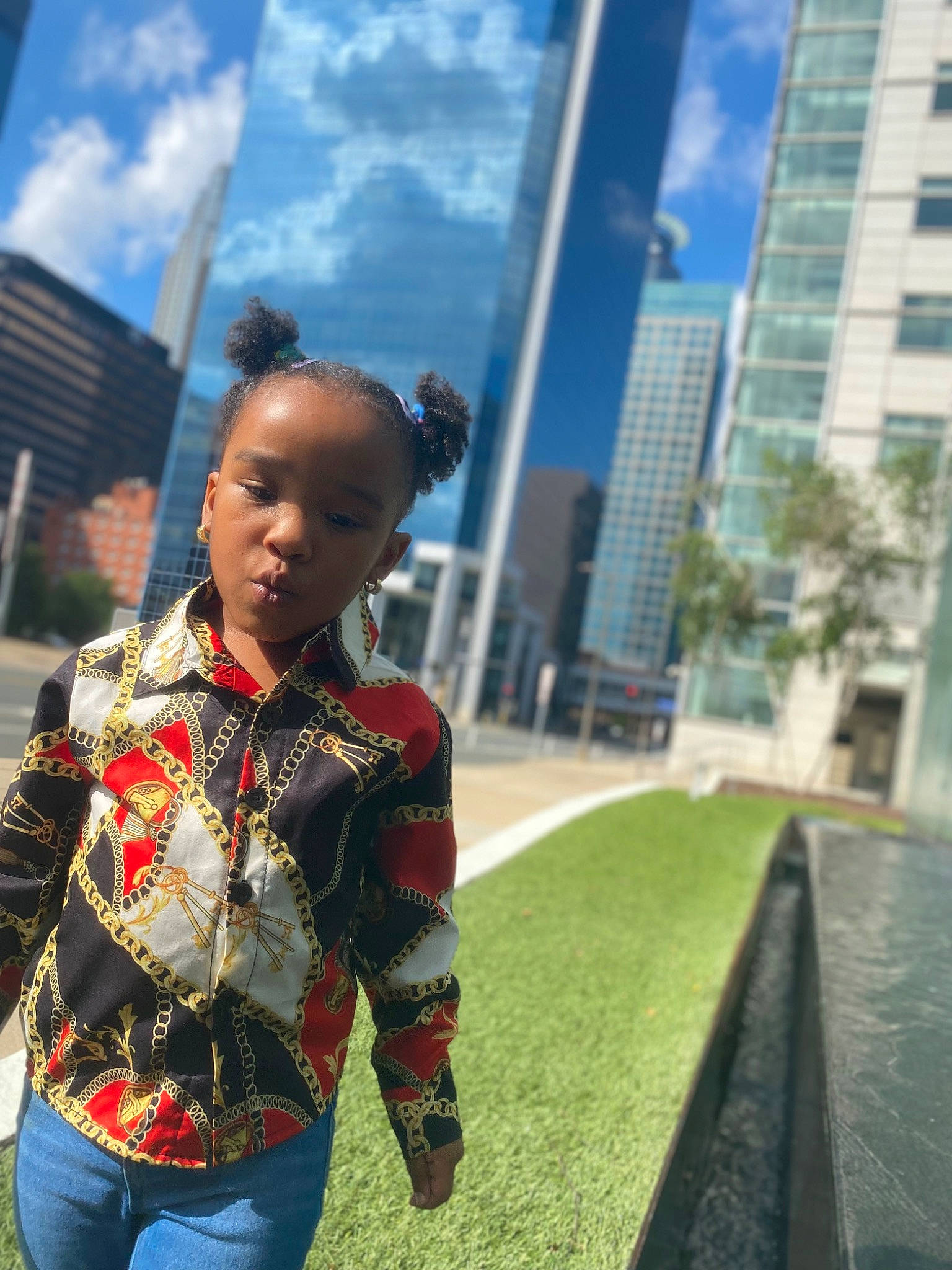 Arielle joined the competition — help win amazing prizes! belt, city, cloud, denim, eyewear, fashion_accessory, fun, grass, jewellery, leisure, pedestrian, person, plant, recreation, road, sky, street, street_fashion, toddler, tower_block