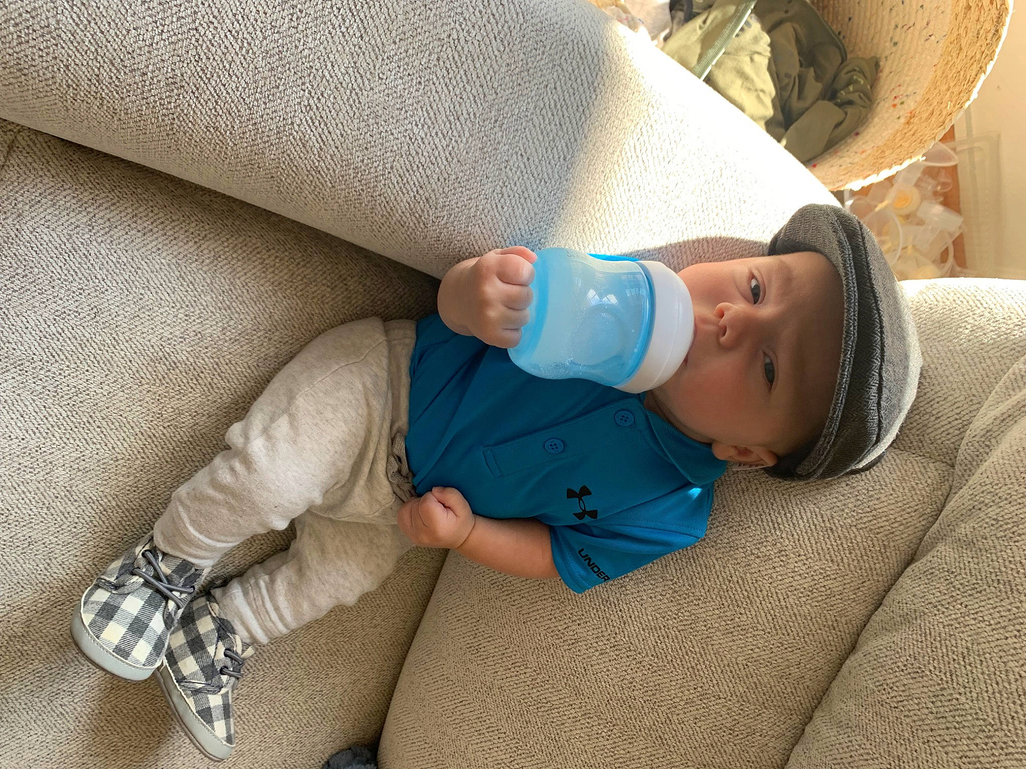 Jack joined the competition — help win amazing prizes! baby, baby_products, baby_toddler_clothing, child, comfort, face, finger, hand, hat, headwear, health_care, human_leg, joint, knee, leg, linens, person, skin, sleeve, textile