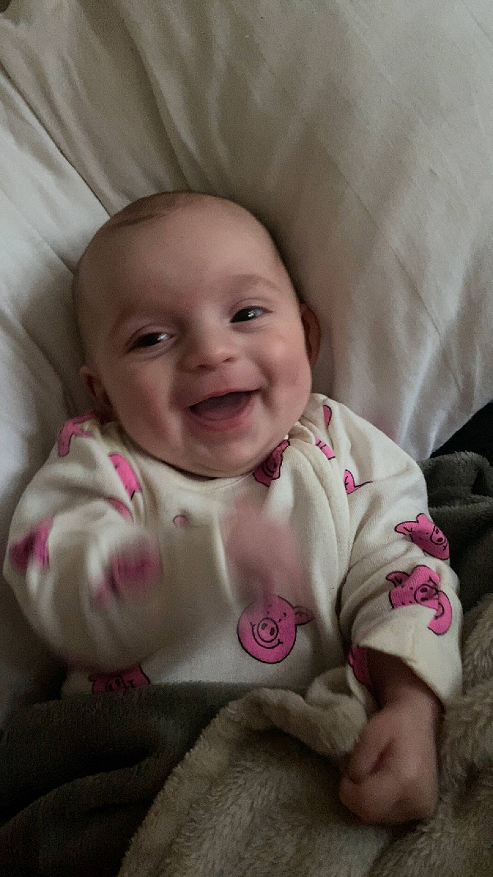 Arabella is registered to the contest to win money with this photo: baby, baby_toddler_clothing, cheek, comfort, eye, eyebrow, face, facial_expression, finger, gesture, iris, joy, lip, mouth, nose, person, pink, product, skin, sleeve