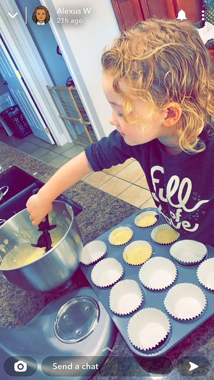 Alexandria is registered to the contest to win money with this photo: baking, child, circle, comfort_food, cooking, cuisine, cup, dish, drink, drinkware, fun, glass, paint, person, play, science, serveware, sweetness, t_shirt, table