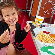 Kaina a rejoint le concours — aidez-le/la à gagner de superbes lots ! barefoot, black_jacket, burger, casual, child, cup, fast_food, food, fries, girl, happy, indoor, pink_dress, playful, red_floor, restaurant, seat, smiling, snack, table