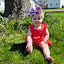 Ruth joined the competition — help win amazing prizes! baby, child, grass, outdoor, sunlight, tree, headband, red_dress, flower, bow, nature, greenery, playful, cute, infant, summer, portrait, sitting, garden, daylight