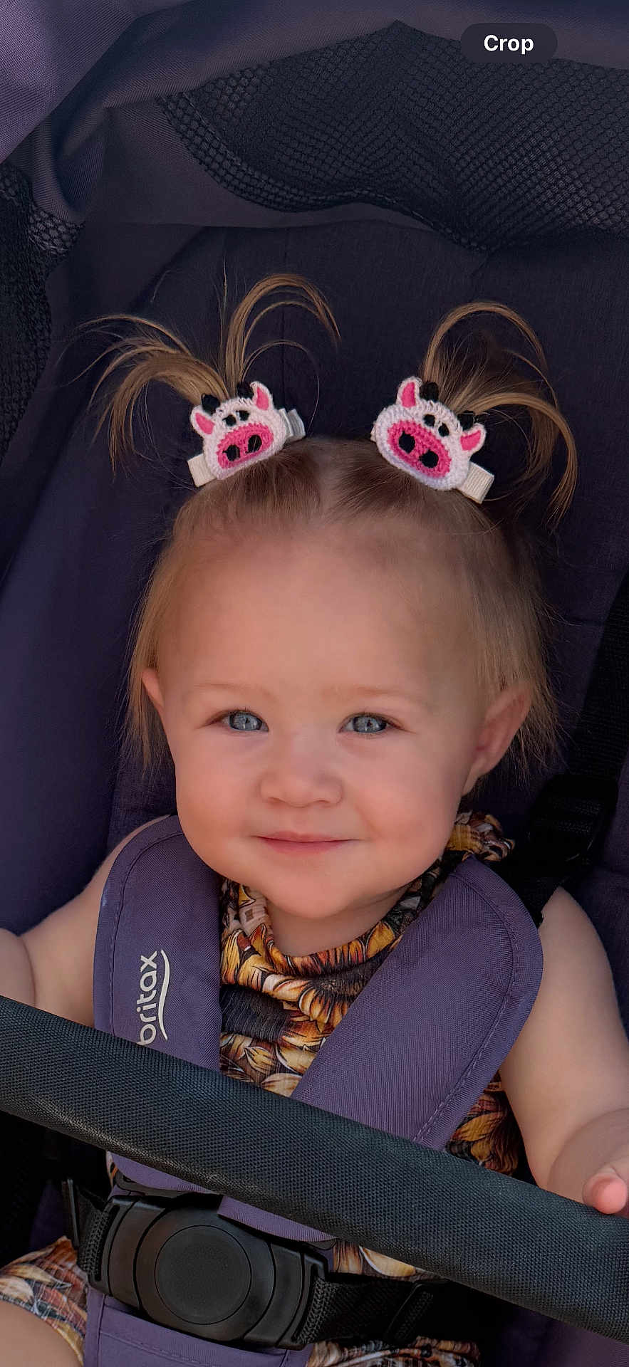 Ruth joined the competition — help win amazing prizes! toddler, child, smile, hair_clip, pig, pigtails, blue_eyes, stroller, britax, purple, seatbelt, baby, cute, happy, portrait, infant, clothing, straps, outdoor, person