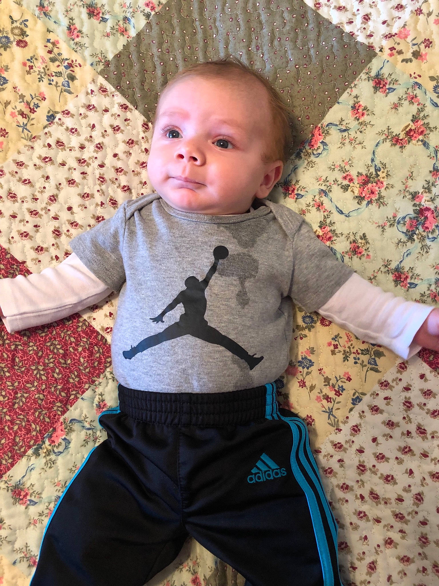 Mason joined the competition — help win amazing prizes! baby, baby_products, baby_toddler_clothing, child, head, pattern, person, product, skin, sleeve, smile, standing, t_shirt, textile, toddler