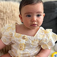 Syana participe au concours pour gagner de l'argent avec cette photo : baby, child, infant, face, portrait, clothing, sitting, hands, curly_hair, cute, indoor, soft_light, yellow, white, patterned, buttoned, cozy, expression, looking_away, young