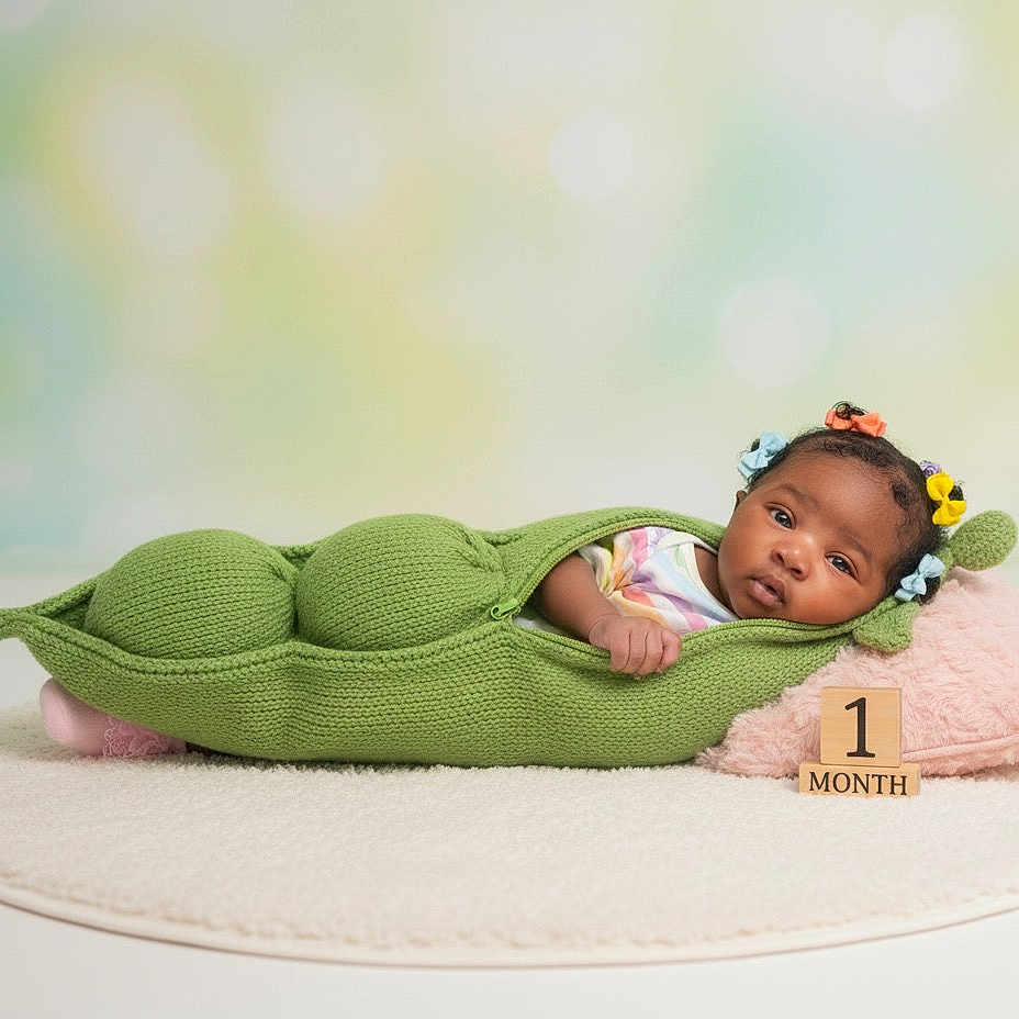Amoura joined the competition — help win amazing prizes! baby, child, colorful, cute, face, green, hair_ties, infant, knitted, lying_down, milestone, month_marker, newborn, pea_pod_costume, pillow, pink, portrait, soft_rug, studio, wooden_blocks