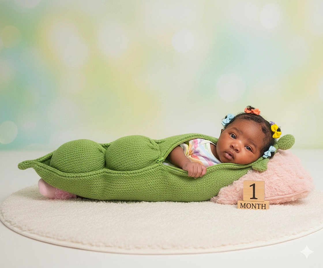 Amoura joined the competition — help win amazing prizes! baby, infant, pea_pod_costume, knitted, green, pillow, pink, hair_ties, colorful, wooden_blocks, month_marker, milestone, cute, lying_down, soft_rug, portrait, studio, child, newborn, face