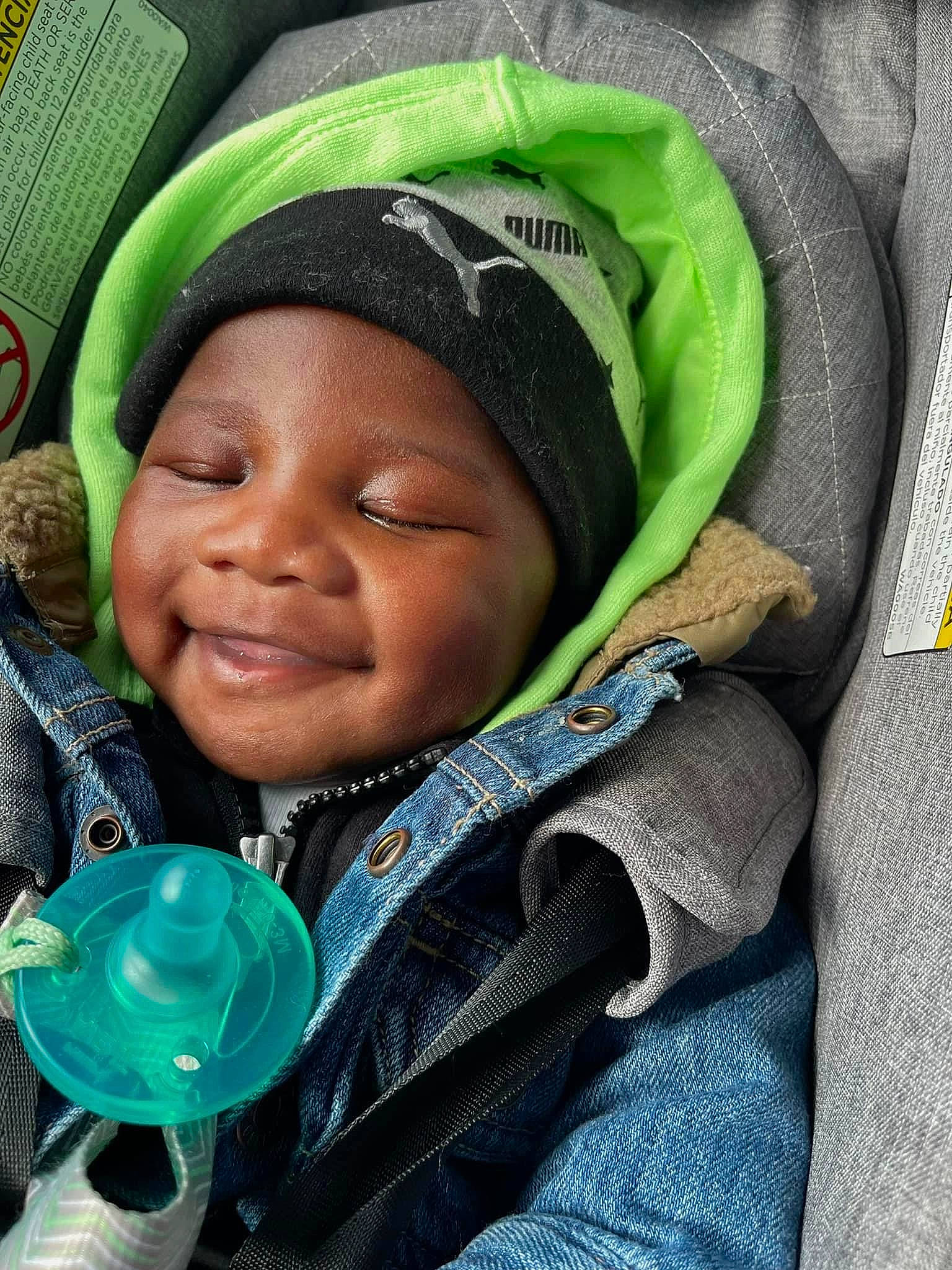 Zaiden joined the competition — help win amazing prizes! baby, child, comfort, electric_blue, fashion_accessory, green, happy, headwear, hoodie, joy, laugh, mouth, outerwear, person, personal_protective_equipment, polar_fleece, skin, sleeve, smile, textile