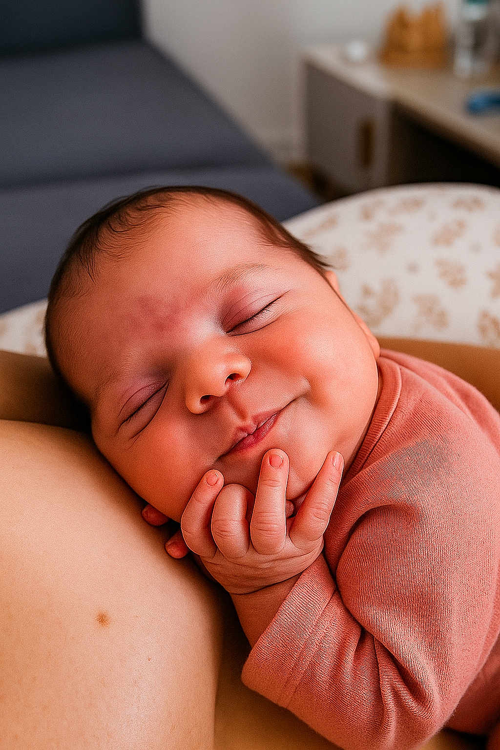 Esmee a rejoint le concours — aidez-le/la à gagner de superbes lots ! baby, sleeping, smile, hand, face, infant, cute, cozy, soft_lighting, closeup, skin, child, peaceful, portrait, indoors, clothing, resting, newborn, happy, expression