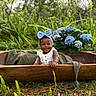 Brianna joined the competition — help win amazing prizes! baby, child, smiling, blue_bow, headband, wooden_trough, greenery, ferns, hydrangea, flowers, outdoor, nature, grass, plants, baby_clothing, portrait, cute, happy, sitting, sunlight