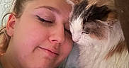 Charlotte is registered to the contest to win money with this photo: animal, bed, calm, cat, close_up, comfort, companion, cozy, cute, face, friendship, fur, human, indoor, nap, person, pillow, relaxation, rest, sleeping