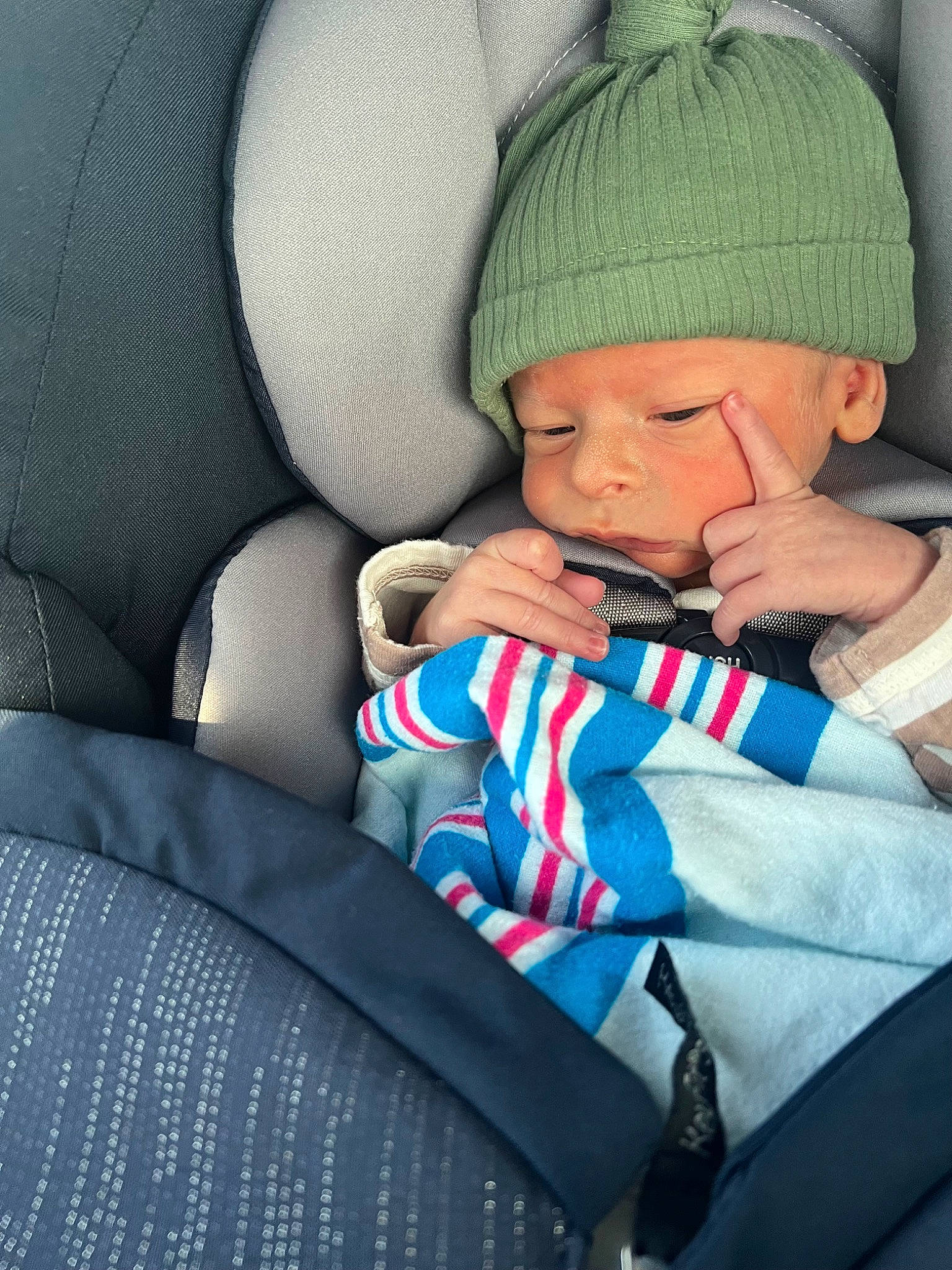 Karl joined the competition — help win amazing prizes! arm, baby, baby_carriage, baby_products, baby_sleeping, baby_toddler_clothing, cap, car_seat, cheek, child, comfort, electric_blue, hand, head, head_restraint, headwear, knit_cap, person, sitting, textile