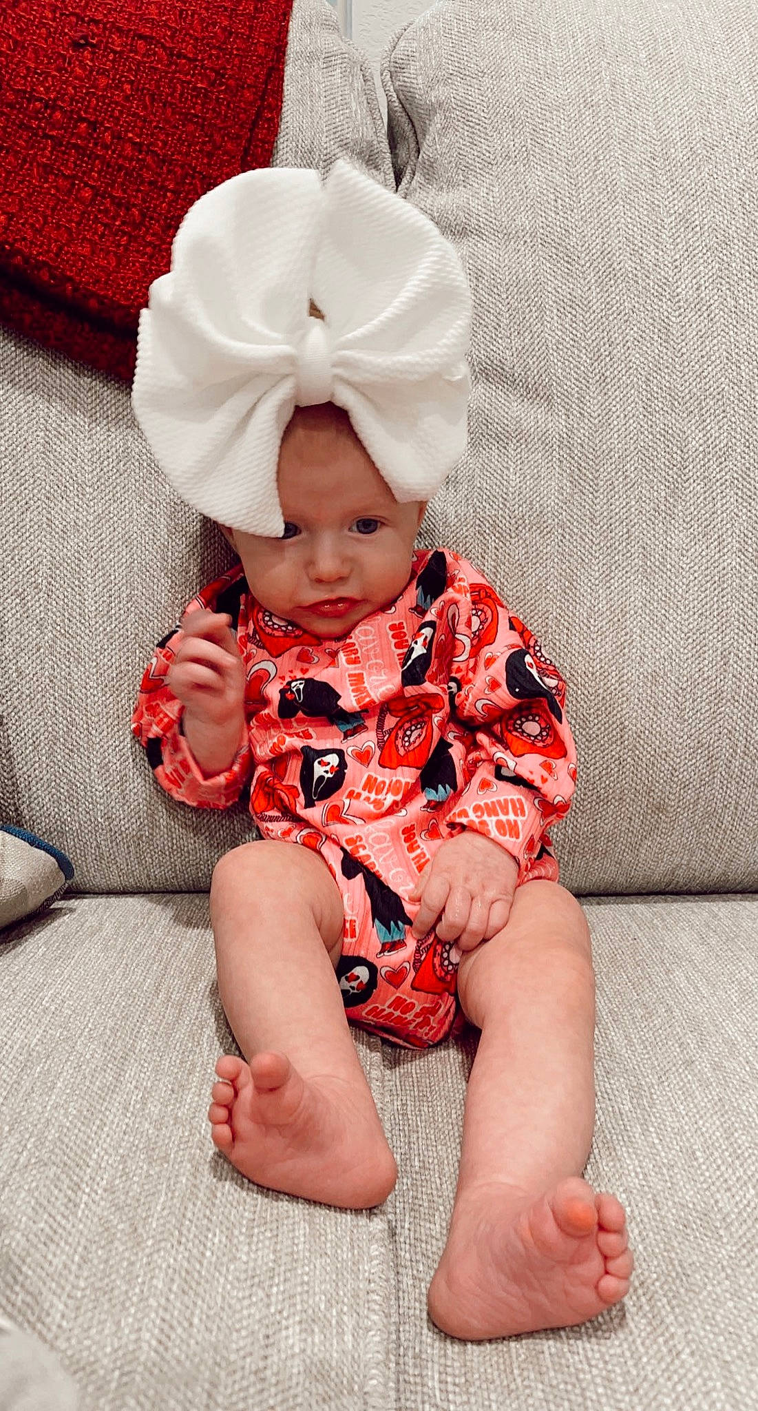 Violet joined the competition — help win amazing prizes! baby, baby_toddler_clothing, child, collar, comfort, cool, costume_hat, dress, facial_expression, head, headwear, human_body, knee, lap, leg, person, pink, skin, sleeve, sock