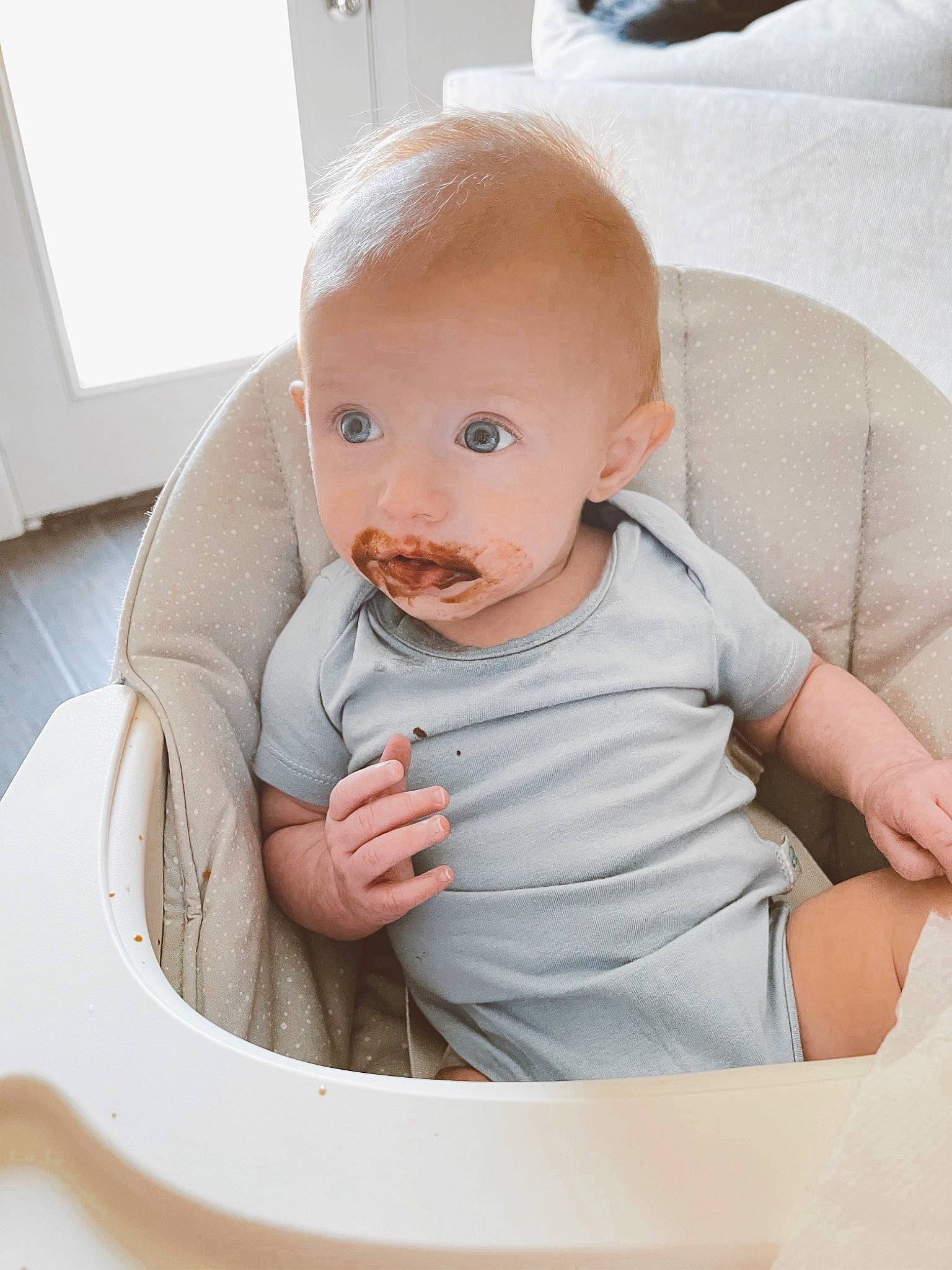 Violet joined the competition — help win amazing prizes! baby, baby_carriage, baby_products, baby_toddler_clothing, chair, cheek, child, comfort, finger, fun, gesture, happy, mouth, nail, person, sitting, skin, sleeve, t_shirt, toddler