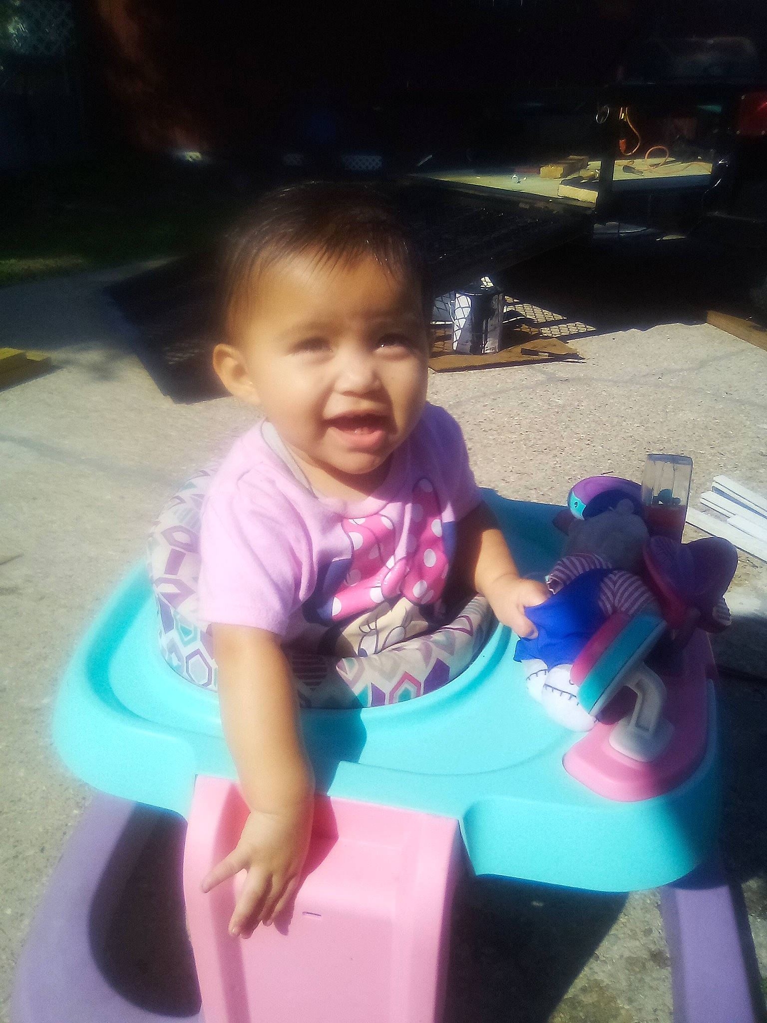 Deborah joined the competition — help win amazing prizes! baby, baby_toddler_clothing, bumper, cool, electric_blue, fun, happy, lap, leisure, magenta, person, pink, purple, recreation, riding_toy, sitting, skin, smile, t_shirt, toddler