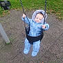 Kaloyan joined the competition — help win amazing prizes! baby, baby_clothing, blue_onesie, chains, child, cute, daylight, fall_leaves, fun, grass, happy, hood, infant, outdoor, park, play, playground, seat, smiling, swing