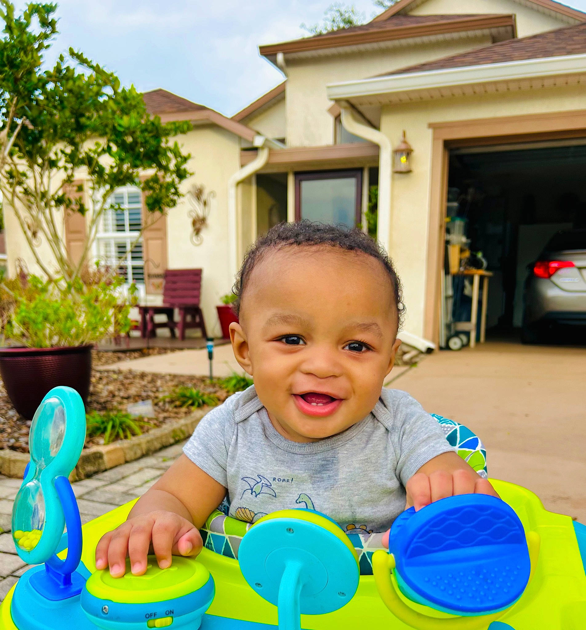 Angelo joined the competition — help win amazing prizes! baby, baby_playing_with_toys, baby_toddler_clothing, blue, child, cloud, flowerpot, fun, grass, green, happy, house, houseplant, joy, leisure, person, plant, sky, smile, summer