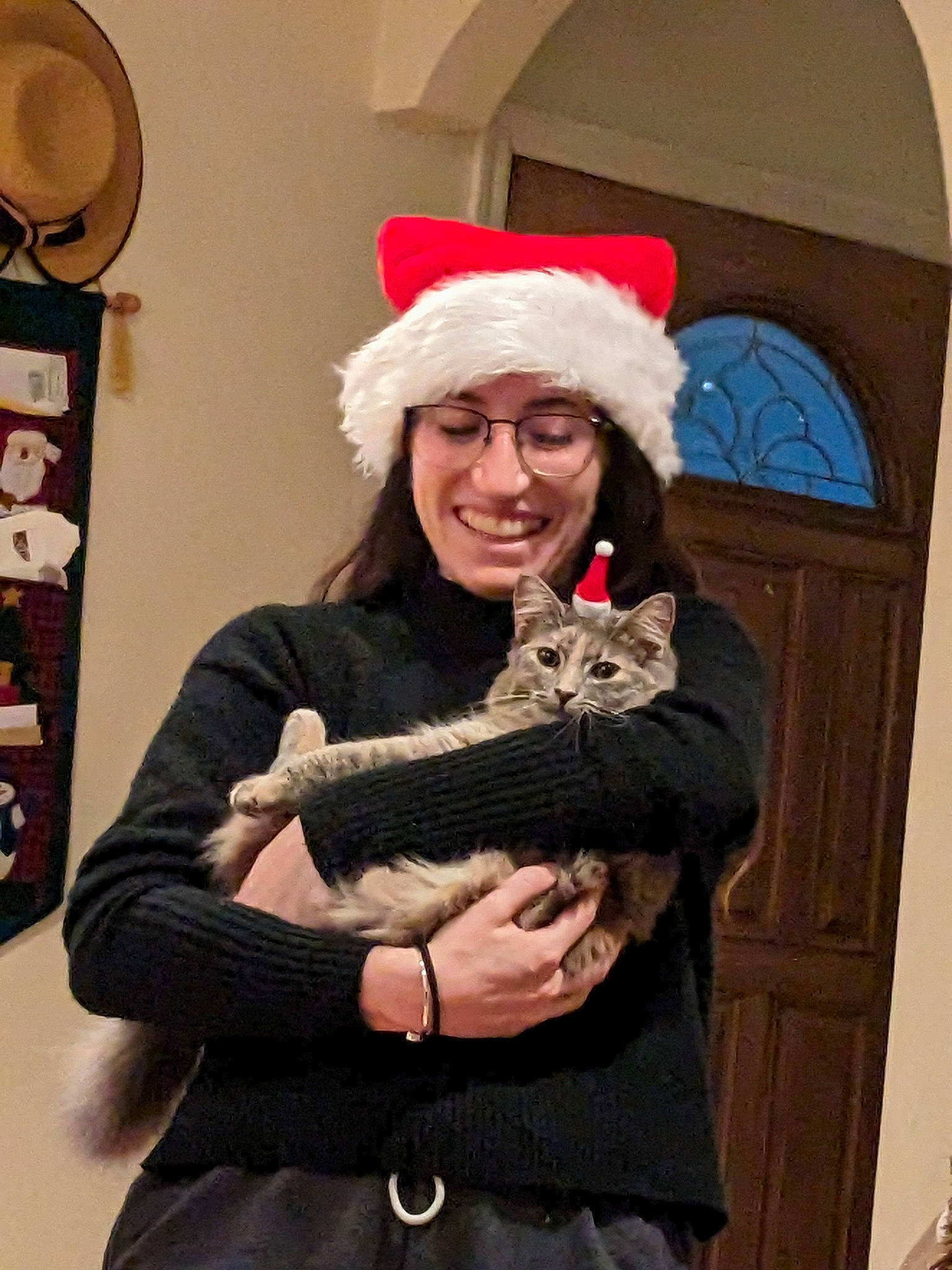 Kelly joined the competition — help win amazing prizes! beard, cat, event, eyewear, fashion_accessory, felidae, fur, fur_clothing, glasses, glove, happy, holiday, lap, outerwear, scarf, sitting, small_to_medium_sized_cats, smile, stuffed_toy, whiskers