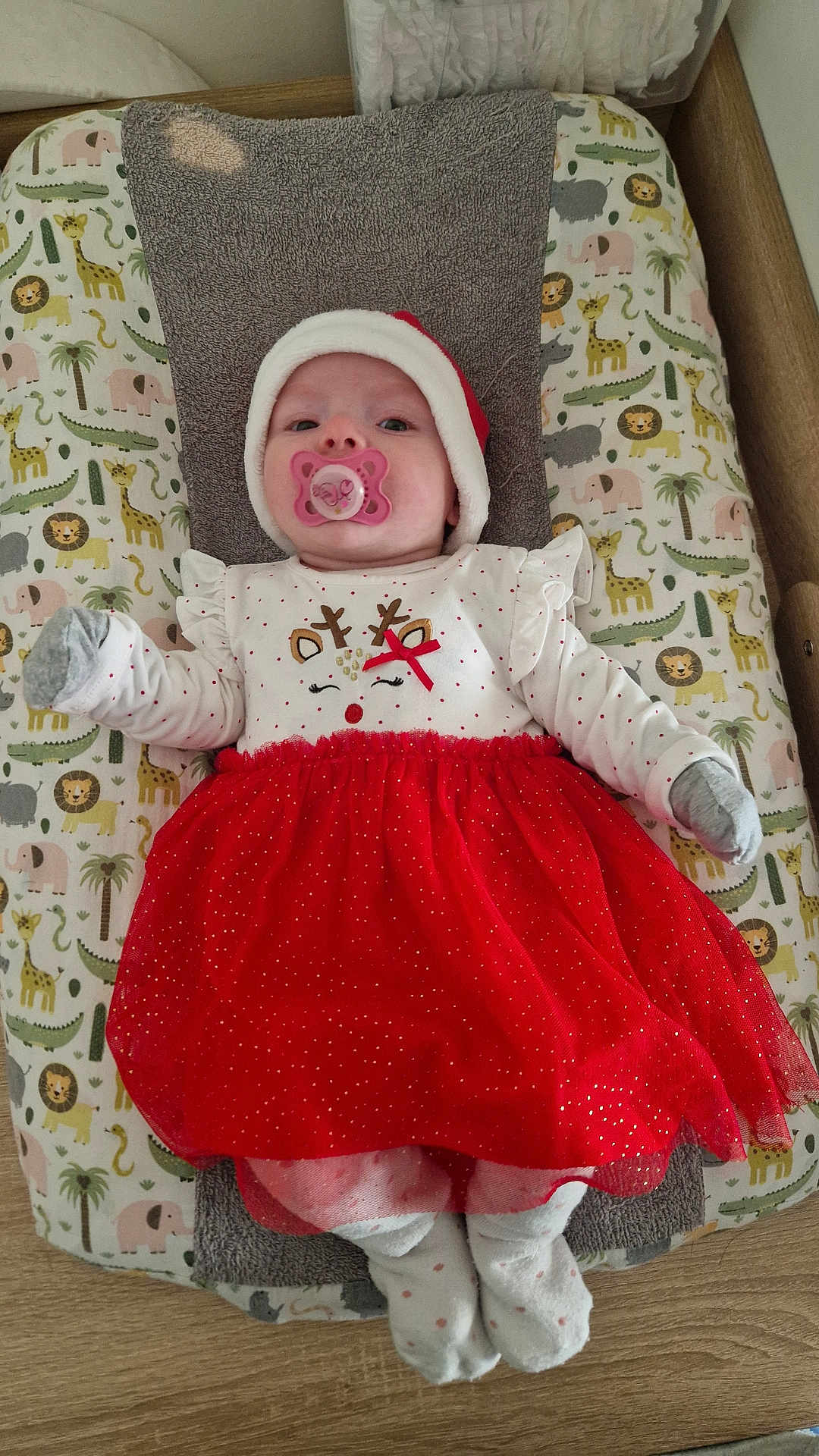 Tiziana participe au concours pour gagner de l'argent avec cette photo : baby, infant, pacifier, red_dress, santa_hat, changing_pad, animal_pattern, giraffe, lion, elephant, crocodile, toddler, holiday_outfit, cute, lying_down, white_clothing, gray_mittens, polka_dot_socks, wooden_floor, indoors