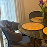 cat, gray_cat, chair, glass_table, placemats, vase, tulips, flowers, curtains, window, indoor, wooden_floor, furniture, pet, relaxed, cozy, daylight, home, living_room, domestic_animal