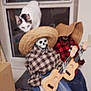 cat, window, indoor, skeleton, doll, plaid_shirt, straw_hat, guitar, musical_instrument, decor, curious, animal, pet, furniture, blur, funny, toy, figurine, home, night
