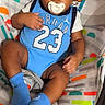 baby, child, infant, portrait, sitting, lying_down, pacifier, smiling, jersey, basketball_jersey, number_23, blue_clothing, socks, colorful, playmat, patterned_background, indoor, baby_seat, cozy, face
