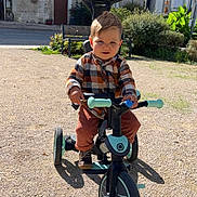 Evan participe au concours pour gagner de l'argent avec cette photo : child, toddler, tricycle, outdoor, sunny, plaid_shirt, brown_pants, shoes, playground, bench, building, window, greenery, sidewalk, toy, person, happy, daylight, street, urban