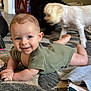 baby, child, infant, green_onesie, carpet, floor, dog, pet, blurred_motion, indoor, smiling, face, hands, legs, home, furniture, blanket, colorful_bag, playful, crawling