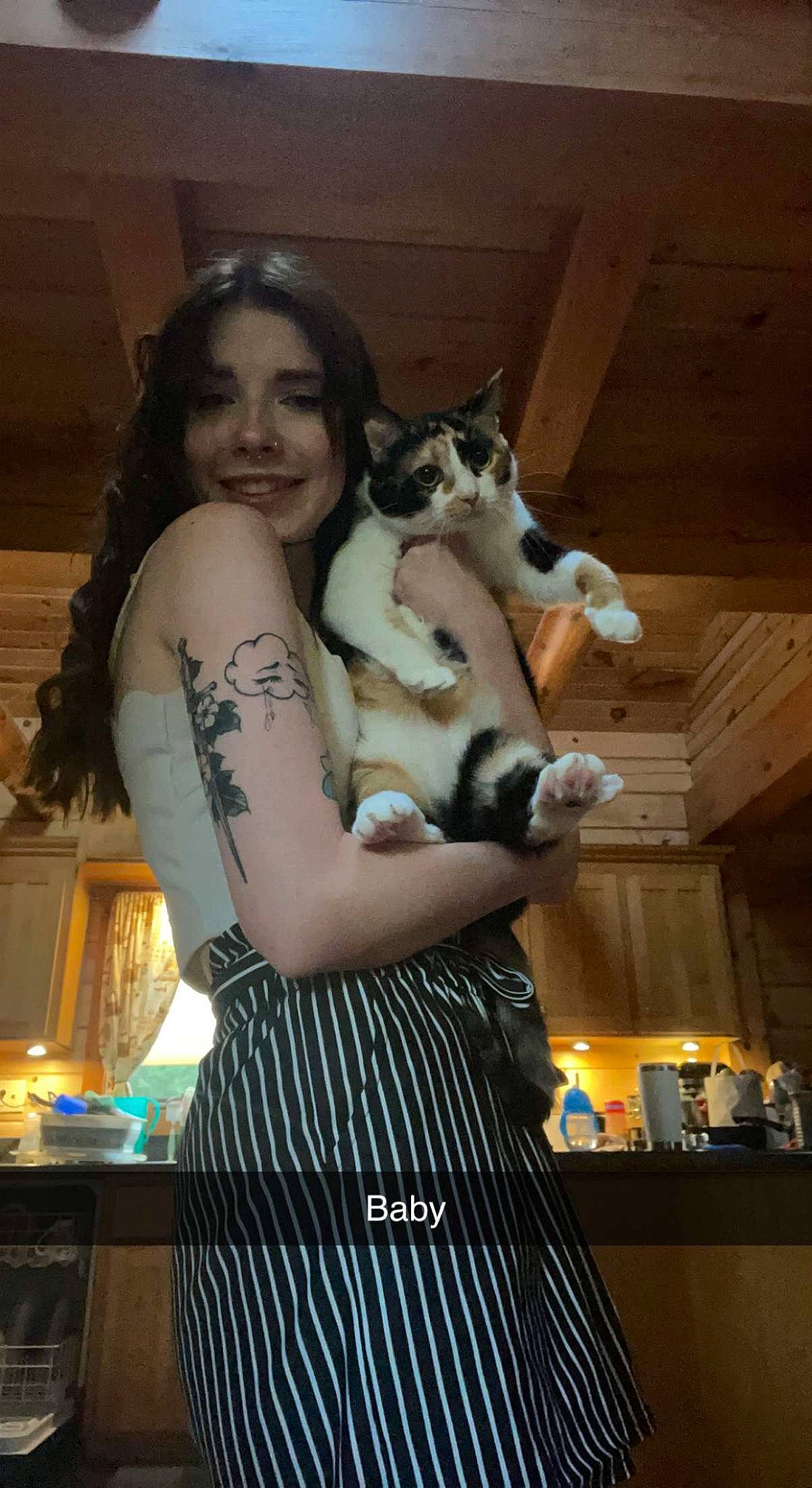 Cali joined the competition — help win amazing prizes! abdomen, black_hair, carnivore, cat, companion_dog, fashion_design, felidae, flash_photography, formal_wear, fur, human_leg, long_hair, shoulder, small_to_medium_sized_cats, smile, thigh, trunk, waist, whiskers, wood