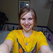 Brooklyndav joined the competition — help win amazing prizes! bathroom, casual, child, dog_print, earrings, happy, indoor, light, mirror, necklace, person, plant, portrait, selfie, sink, smile, tiles, toiletries, yellow_shirt, young