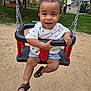 toddler, child, swing, playground, smiling, sand, grass, tree, outdoor, happy, shorts, shirt, footwear, sandals, person, daylight, park, play, fun, baby