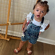 Alaya joined the competition — help win amazing prizes! toddler, child, denim_overalls, white_shirt, curly_hair, sandals, wooden_floor, baby_gate, indoor, standing, curious, expression, hair_buns, pacifier_clip, light_skin, blue_eyes, casual_clothing, home, young_child, portrait
