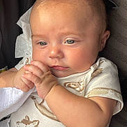 Karson joined the competition — help win amazing prizes! baby, infant, child, close_up, face, hand, clothing, onesie, animal_print, skin, expression, cute, soft_light, natural_light, portrait, seat, car_seat, cloth, cute_baby, young_child