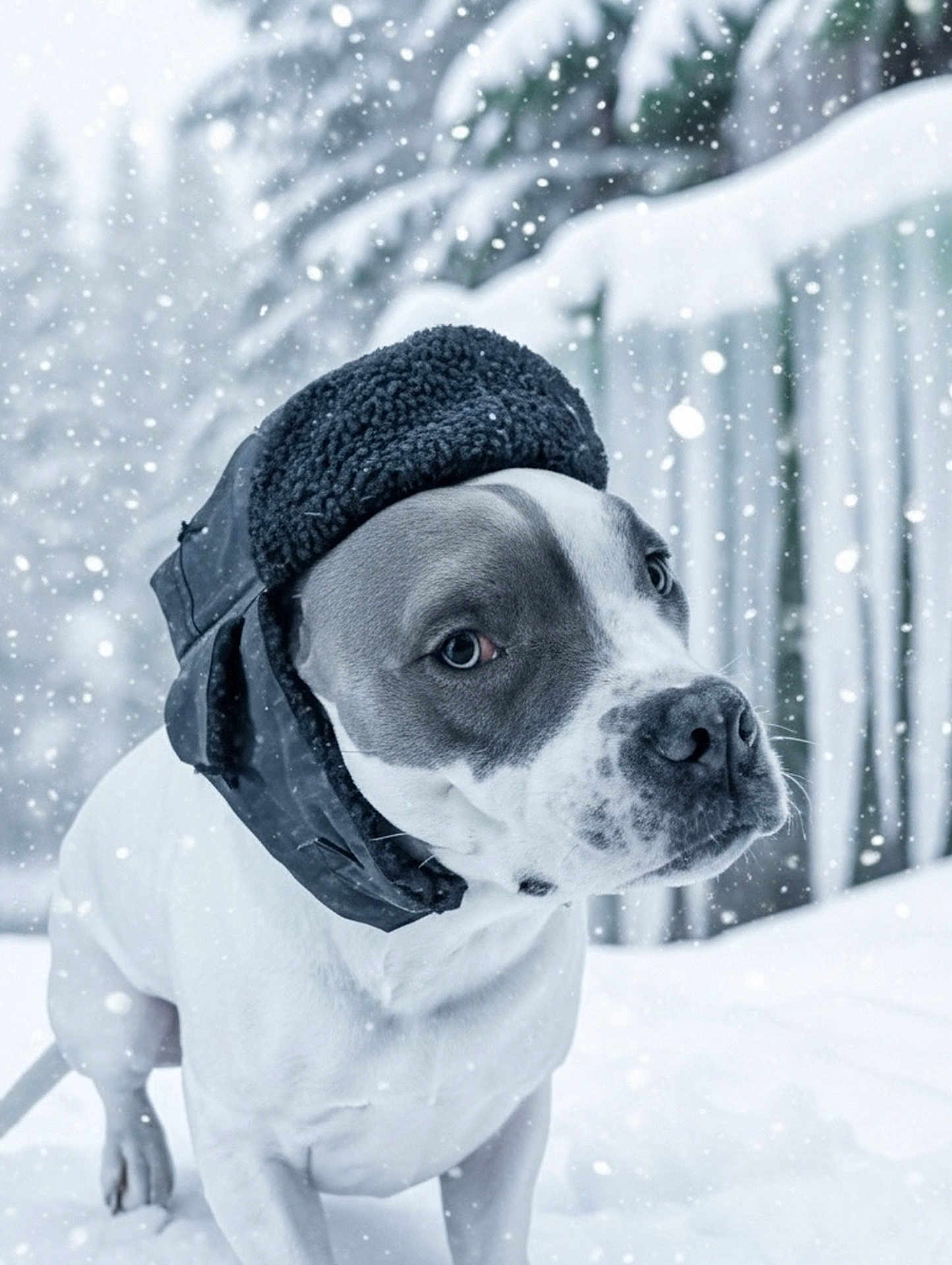 Tater joined the competition — help win amazing prizes! dog, snow, winter, hat, outdoor, pet, animal, cold, fur, white, black, snowfall, nature, cute, portrait, canine, weather, season, muzzle, ears