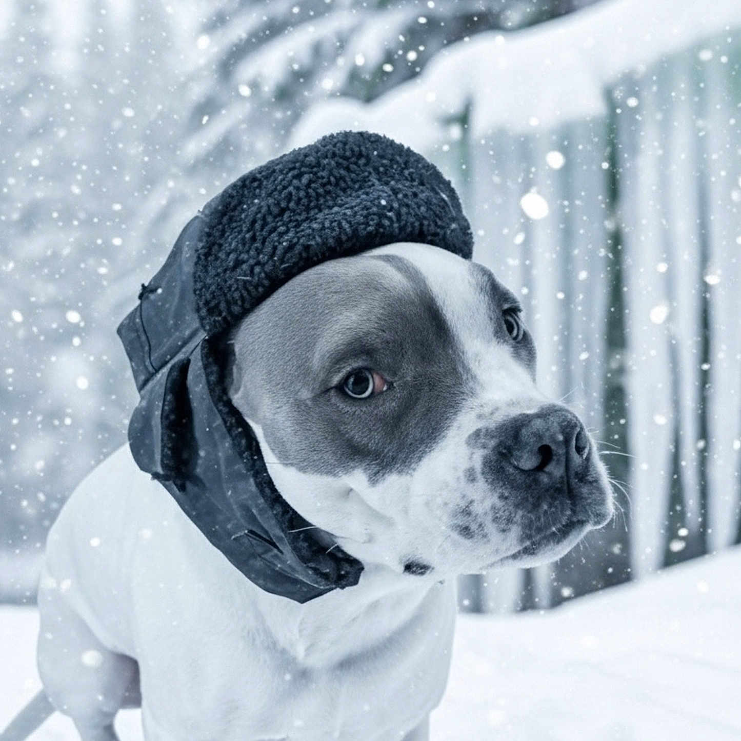 Tater joined the competition — help win amazing prizes! animal, canine, cold, cute, dog, frozen, fur, grey, hat, mammal, nature, outdoor, pet, portrait, season, snow, snowfall, weather, white, winter