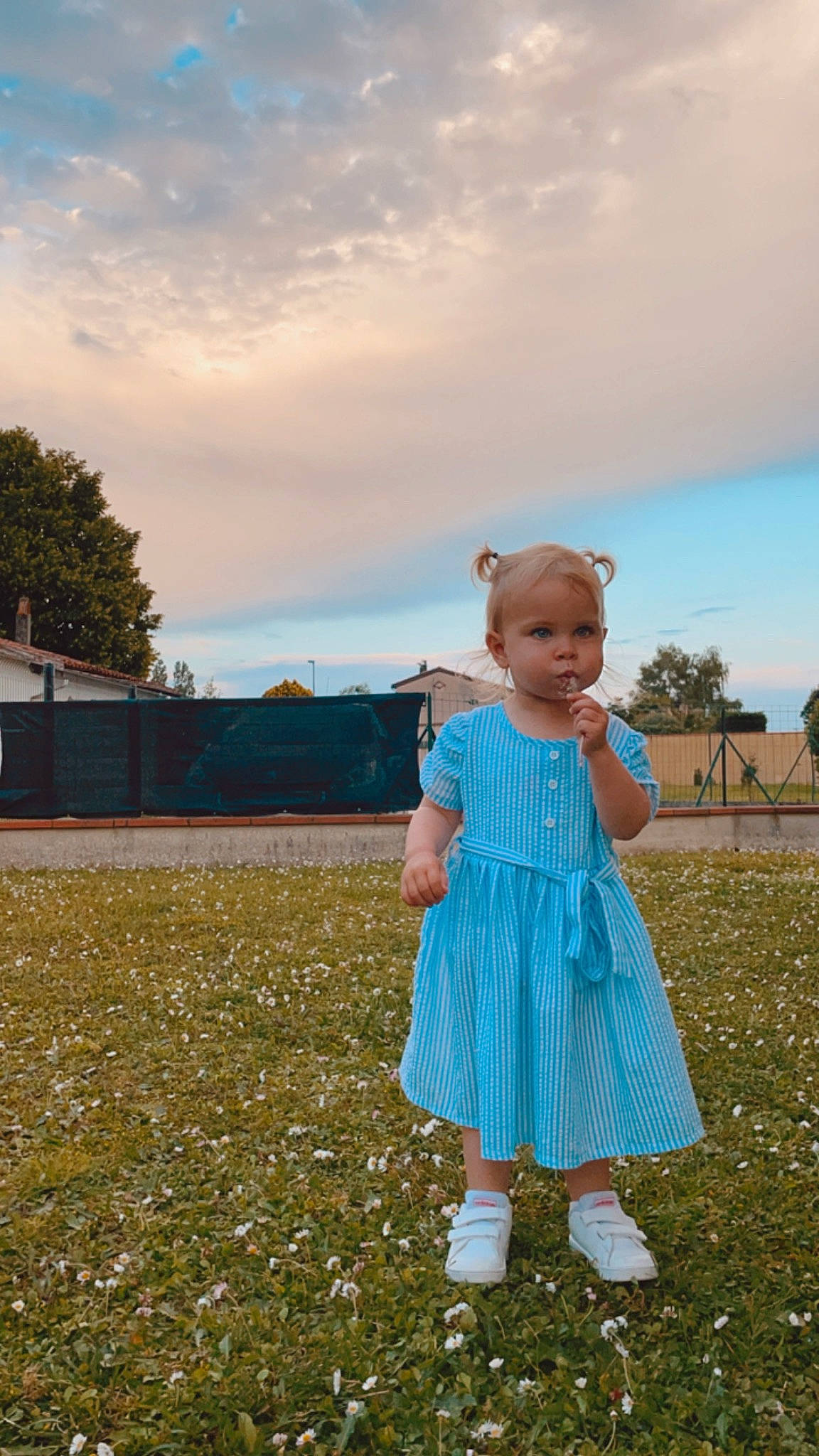 Mahée participe au concours pour gagner de l'argent avec cette photo : baby_toddler_clothing, child, cloud, day_dress, dress, electric_blue, flash_photography, fun, gesture, grass, grassland, happy, landscape, leisure, people_in_nature, person, plant, prairie, sky, toddler