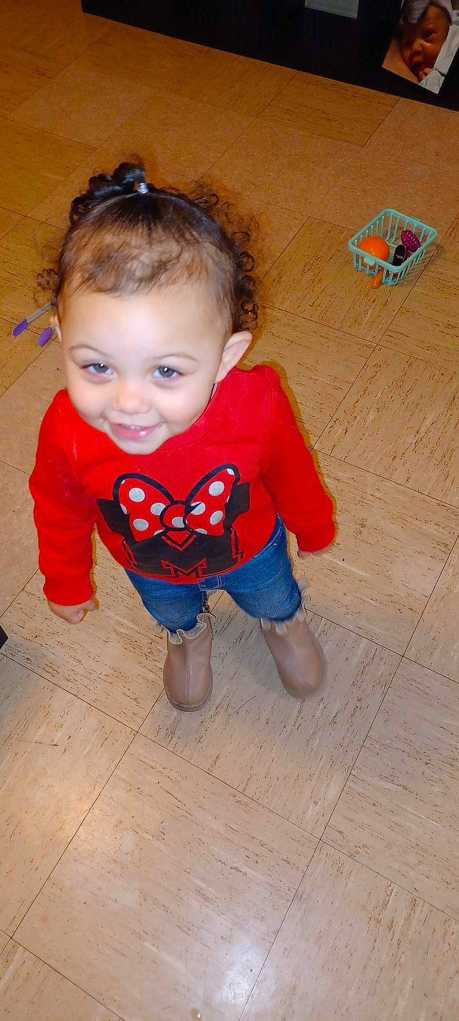 Henley joined the competition — help win amazing prizes! baby_toddler_clothing, blue, cheek, child, electric_blue, eye, face, floor, flooring, fun, hair, happy, hardwood, head, joy, pattern, person, skin, smile, t_shirt