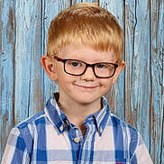 William joined the competition — help win amazing prizes! background, blue_shirt, boy, buttoned_shirt, casual_clothing, child, cute, eyewear, face, fashion, glasses, indoors, plaid_shirt, portrait, red_logo, school_photo, short_hair, smile, standing, wooden_wall