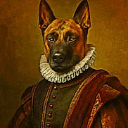 Punch participe au concours pour gagner de l'argent avec cette photo : animal_portrait, artistic, brown_background, brown_fur, buttoned_jacket, canine, classic, costume, detailed_texture, dog, elegant, formal, historical_clothing, noble, painting_style, portrait, renaissance_style, ruffled_collar, serious_expression, studio_lighting
