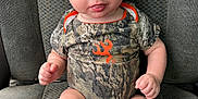 Bentley joined the competition — help win amazing prizes! baby, infant, child, blue_eyes, camo_onesie, orange_trim, car_seat, sitting, curious_expression, chubby_cheeks, patterned_seat, indoor, cute, portrait, young_child, human, skin, short_hair, one_person, front_view
