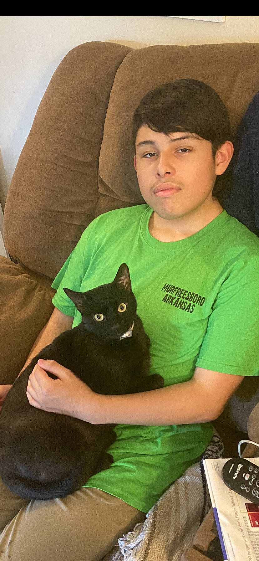 Abe is registered to the contest to win money with this photo: arm, carnivore, cat, comfort, couch, eye, fawn, felidae, finger, green, head, human_body, iris, lap, organ, skin, sleeve, small_to_medium_sized_cats, t_shirt, whiskers