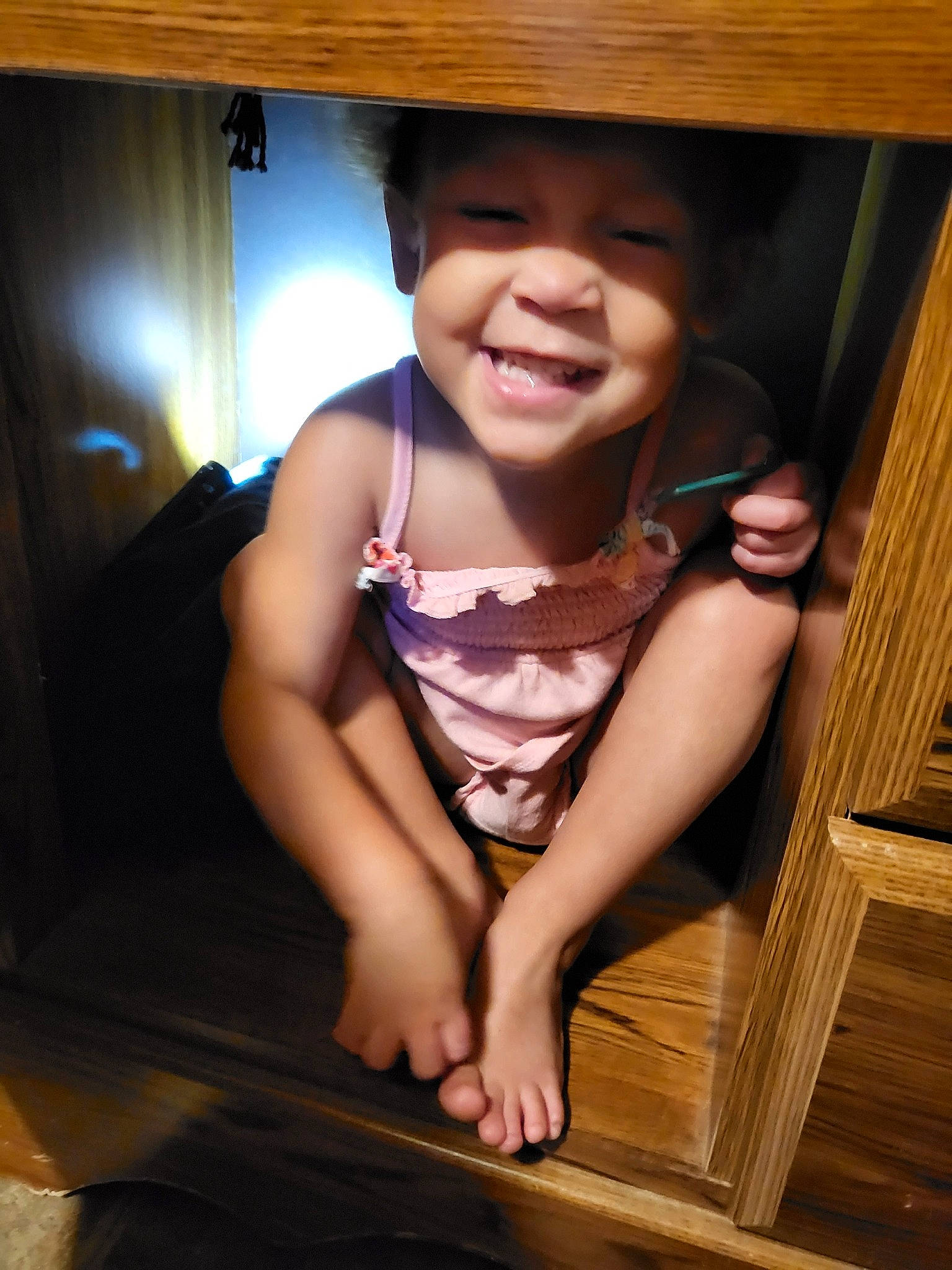 Joanna joined the competition — help win amazing prizes! black_hair, dress, elbow, flash_photography, fun, happy, hardwood, headwear, human_body, human_leg, lip, mouth, person, skin, smile, t_shirt, thigh, thumb, toddler, waist