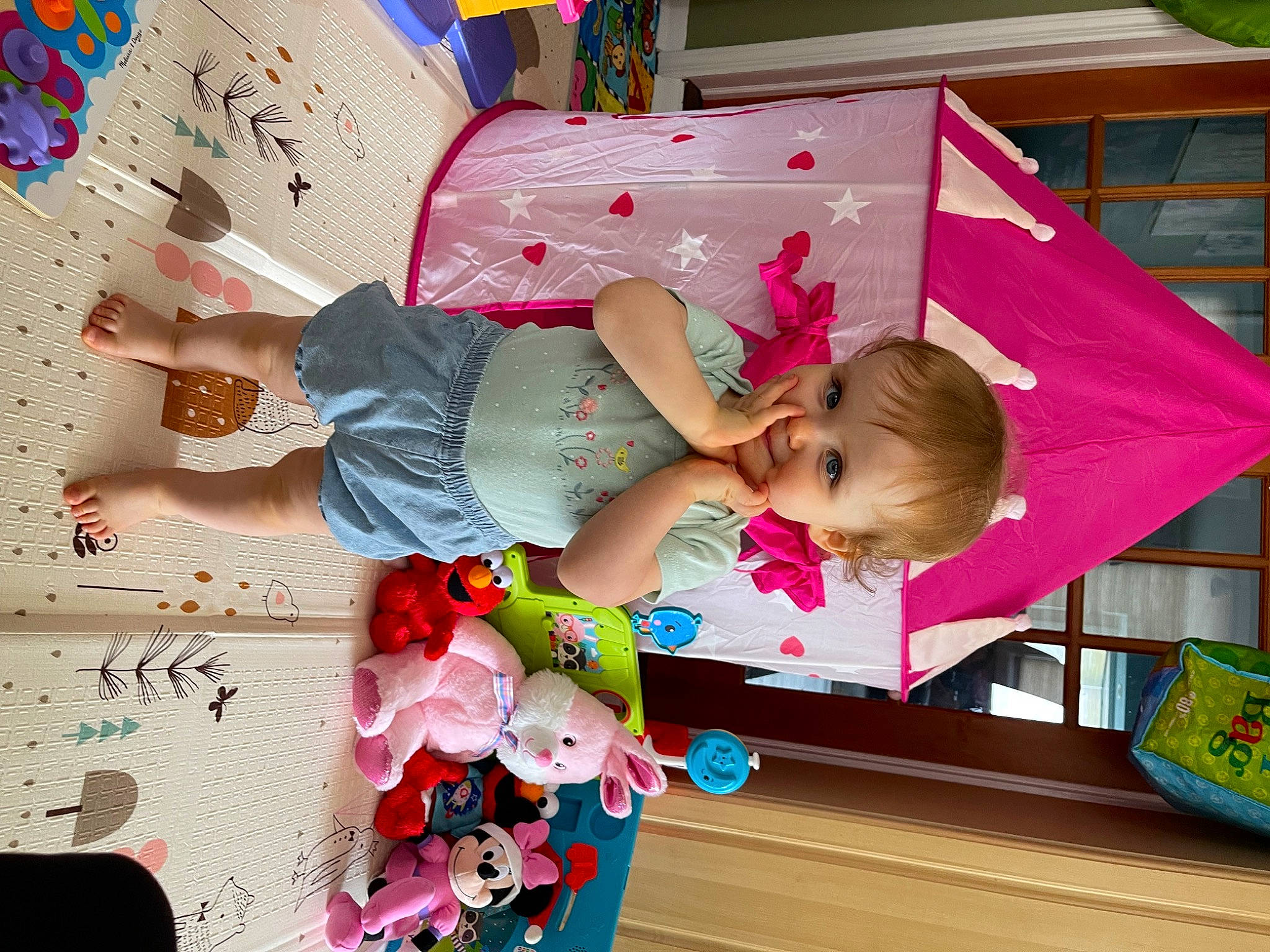 Delaney is registered to the contest to win money with this photo: art, baby_toddler_clothing, child, flower, fun, green, happy, joy, leisure, magenta, pattern, person, photograph, pink, play, room, smile, snapshot, textile, toddler