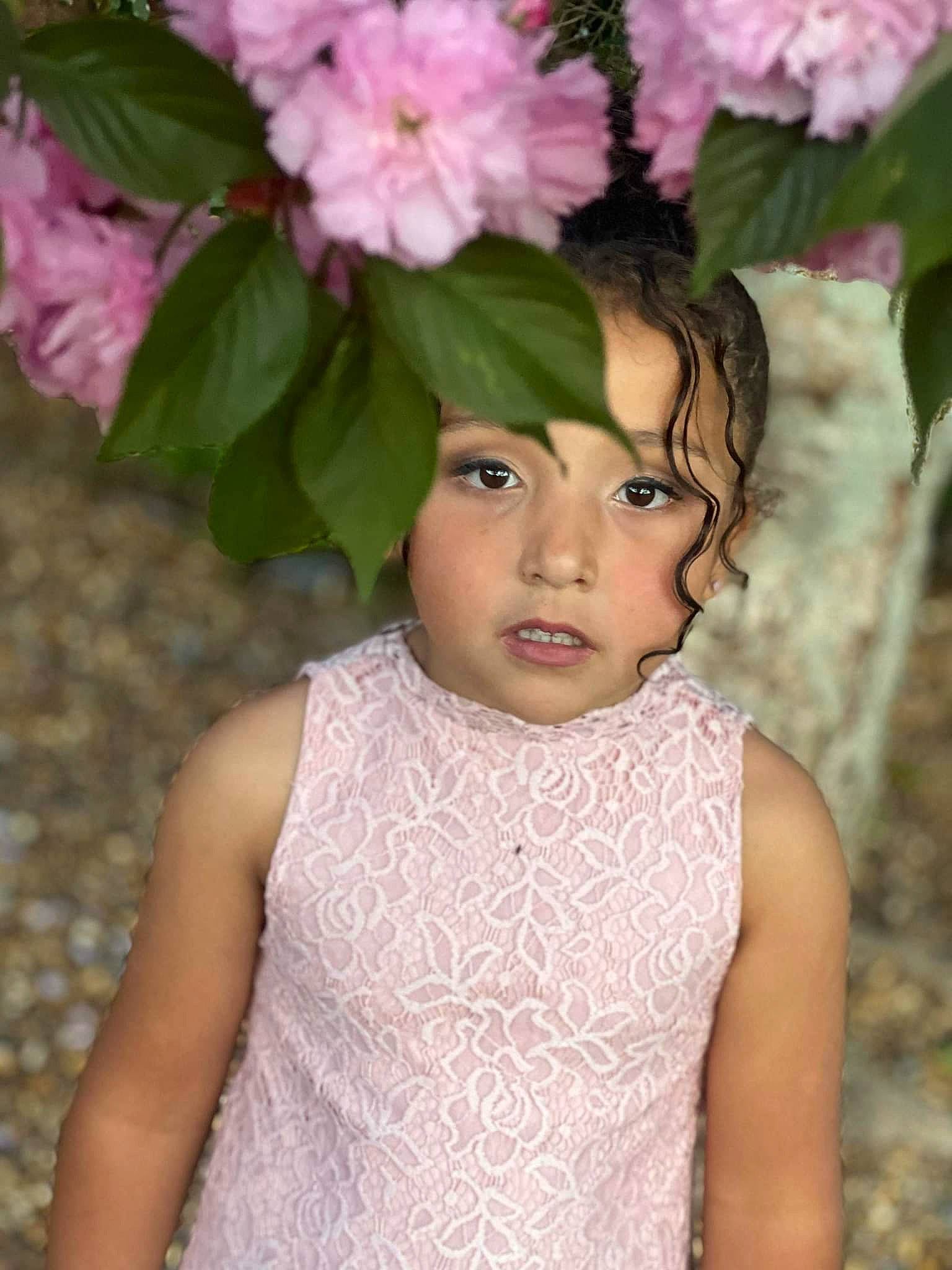 Abigail is registered to the contest to win money with this photo: artificial_flower, bouquet, child, chin, eye, flash_photography, flower, flower_arranging, grass, happy, head, headgear, headpiece, iris, magenta, people_in_nature, person, petal, pink, plant