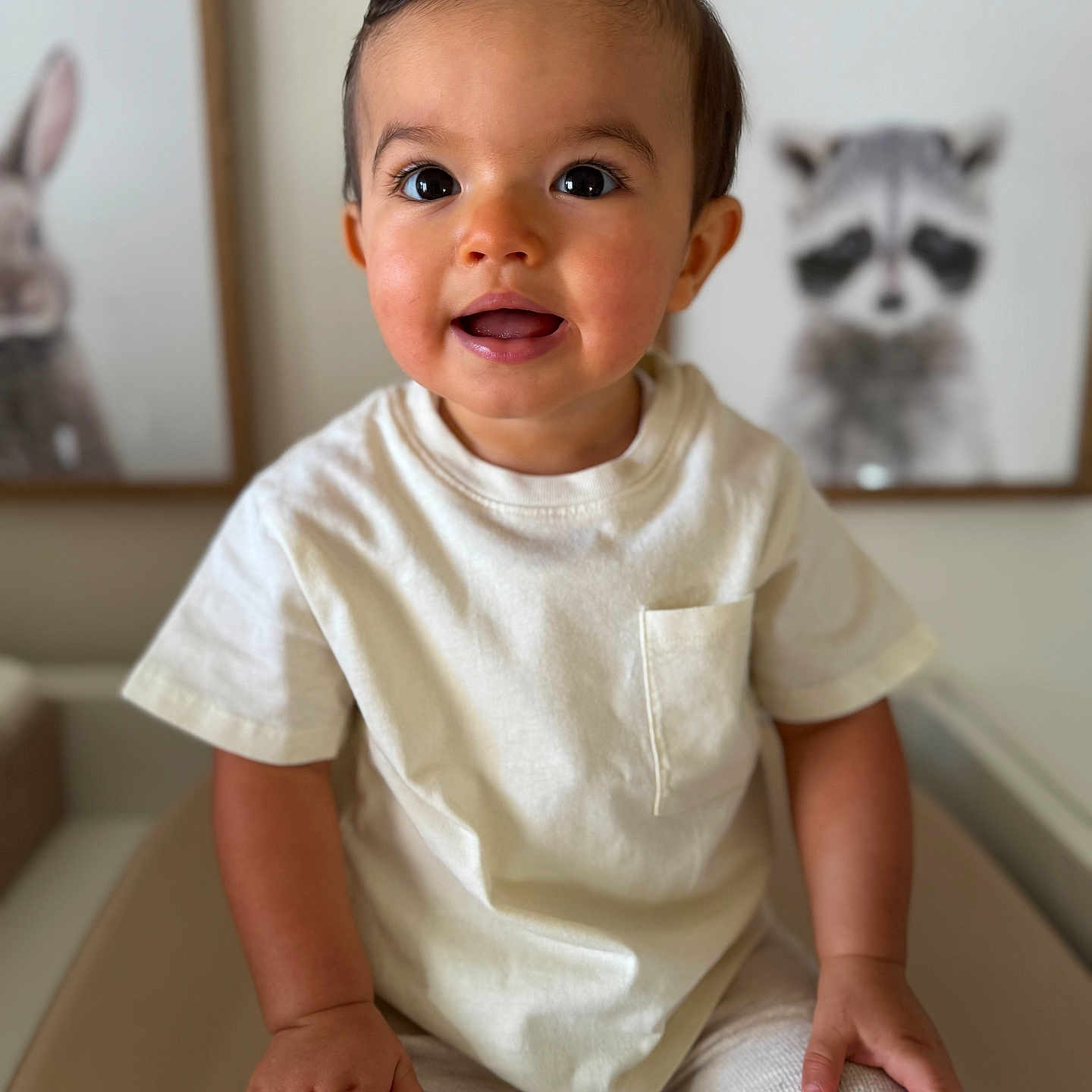 Jules a rejoint le concours — aidez-le/la à gagner de superbes lots ! animal_painting, beige_pants, child, cozy, cute, eyes, face, furniture, hair, hands, indoor, portrait, rabbit, raccoon, seated, smiling, toddler, wall_art, white_tshirt, young_child